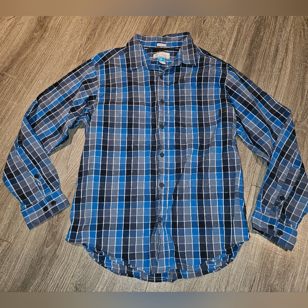 Columbia Mens Regular Fit Blue Gray Plaid Check Button Up Shirt Large